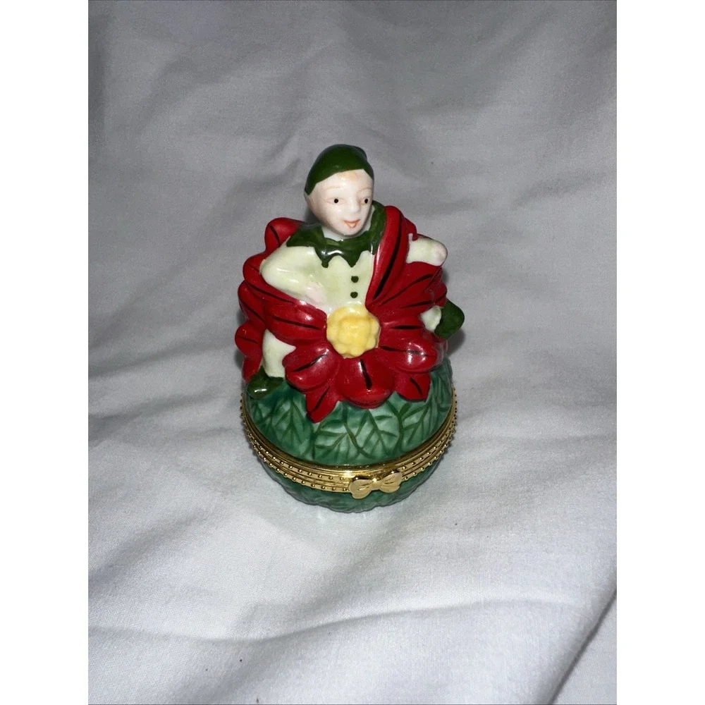 Holiday Woman in Poinsettia Dress Trinket Jewelry‎ Box